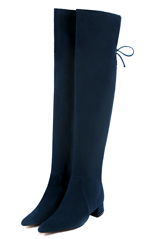 Navy blue women's leather thigh-high boots. Tapered toe. Low flare heels. Made to measure - Florence KOOIJMAN